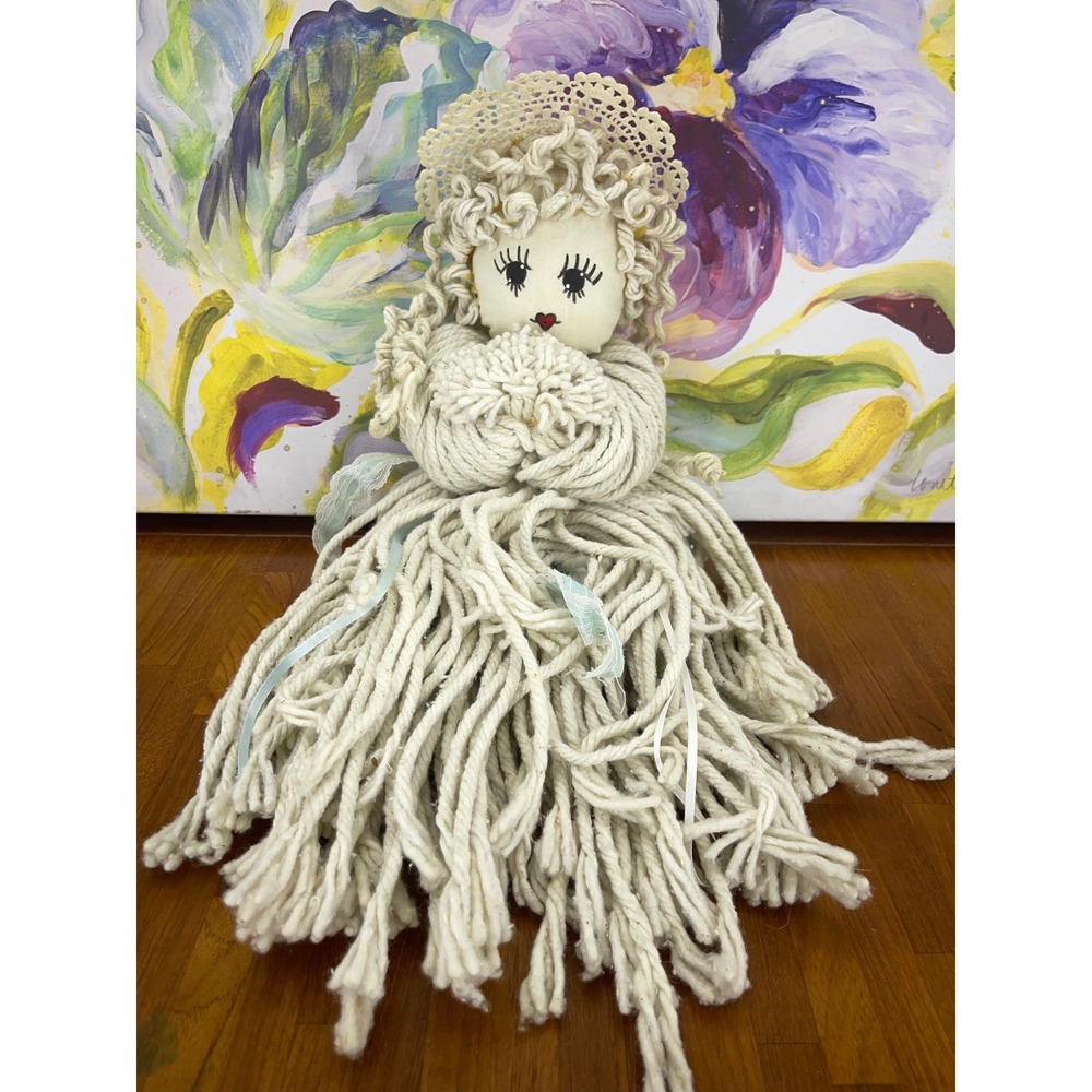90s Cream Mop Yarn Straw Hat Doll 18" Handmade Lace Blue Ribbon Folk Art
